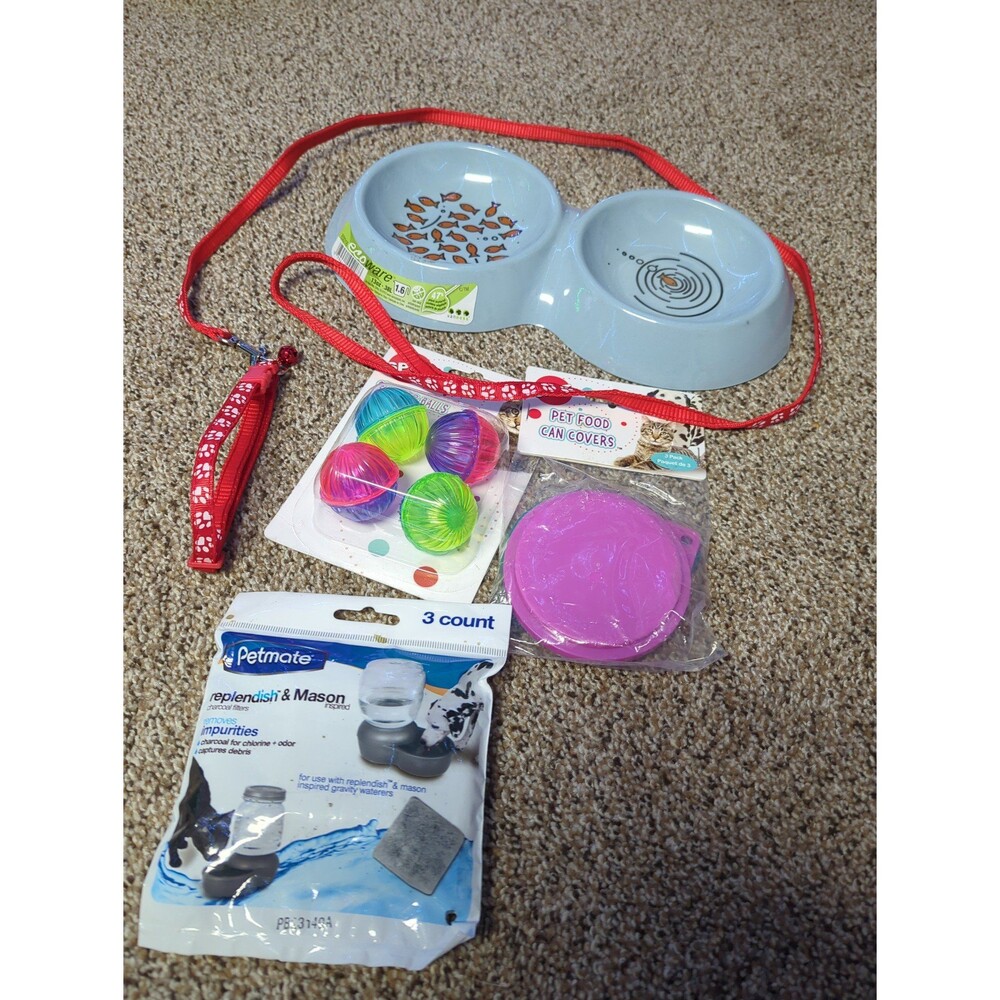 Lot of 5 New Assorted Cat Supplies - Dish, Collar, Leash, Ball Toys, Can Lids